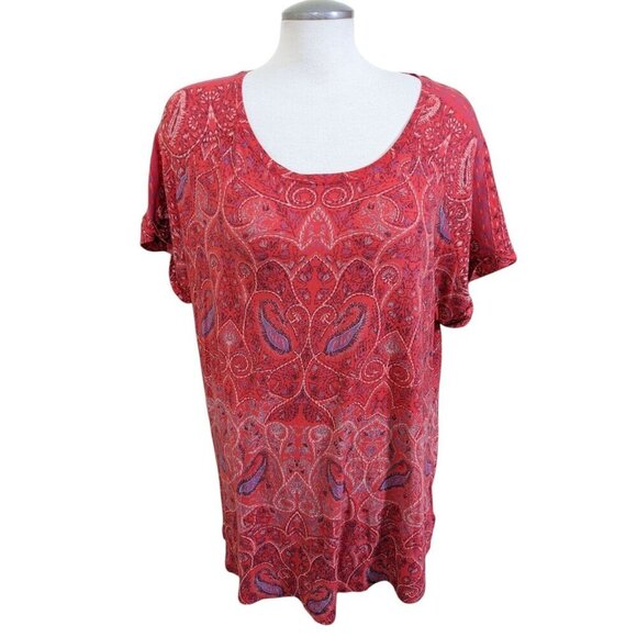 Lucky Brand Womens Plus 2X Paisley Split Back Tee Short Sleeve Reddish Orange - Picture 1 of 8